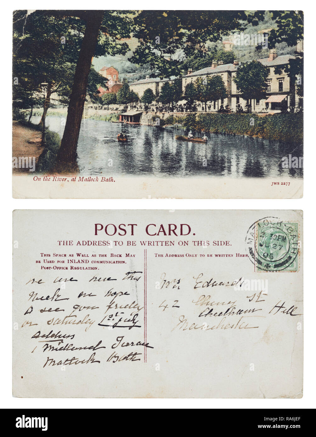 Carte postale envoyée de 1 Midland Terrasse, Matlock Bath à Mme Edwards, 42 Cherry Street, Cheetham Hill, Manchester en juillet 1905 Banque D'Images