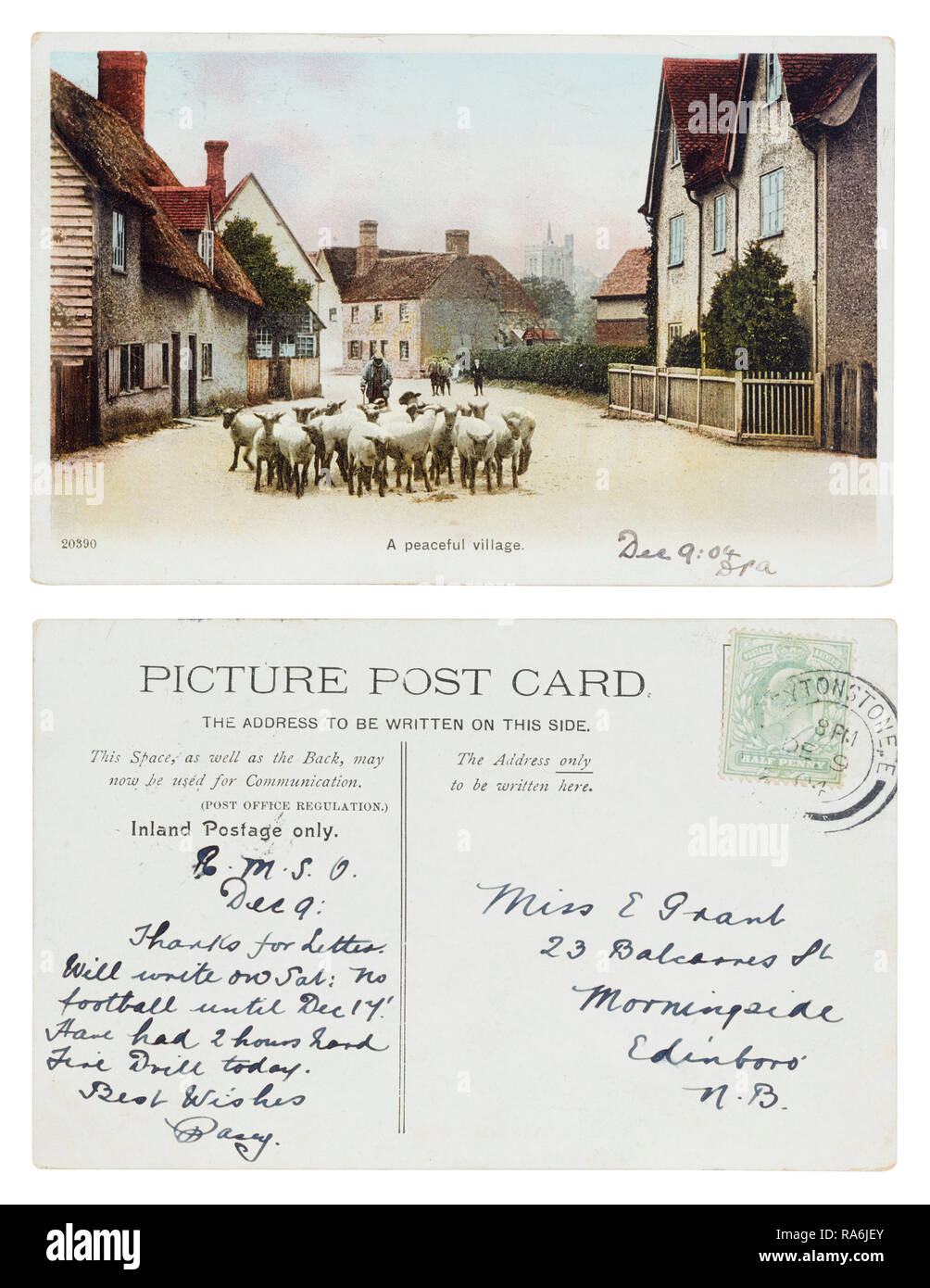 Carte postale d'un paisible village de traverser Leytonstone en 1904 à Mlle E Grant, 23 rue Balcarres, Morningside, Edinborough Banque D'Images