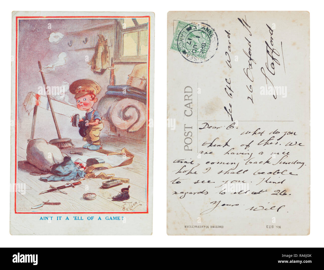 T Gibson comic carte postale envoyée en 1917 de Wilf à St Leonards on Sea à 26 Oxford Street, Stafford Banque D'Images