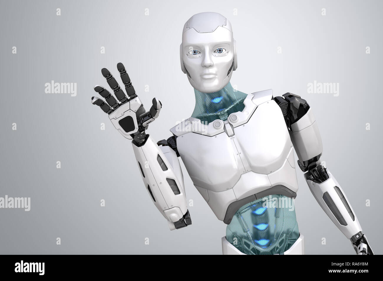 Robot de souhaits agite sa main sur un fond gris clair. 3D illustration Banque D'Images