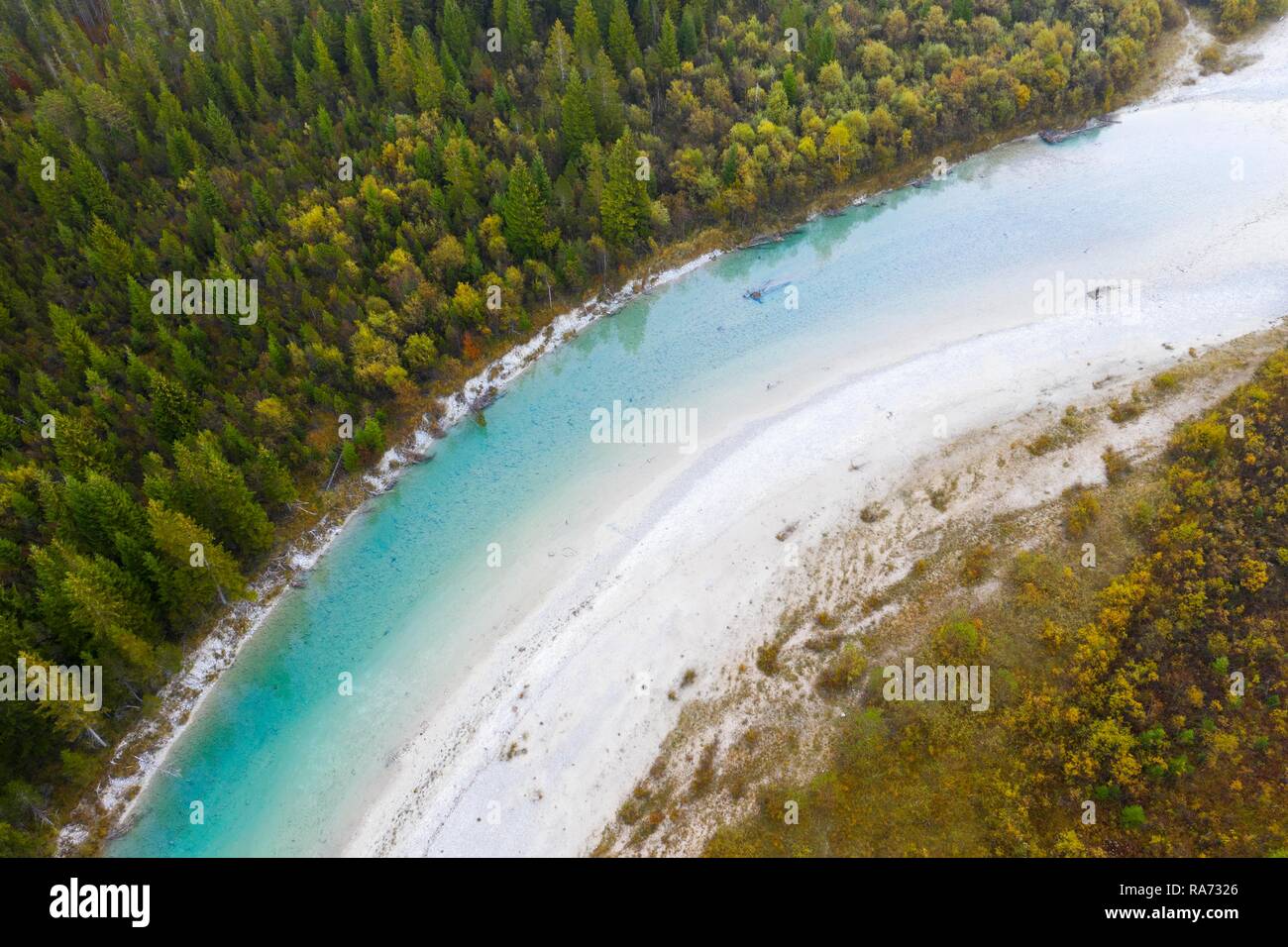 L'Isar, près de Sylvenstein, barrage, drone Isarwinkel, Haute-Bavière, Bavière, Allemagne Banque D'Images