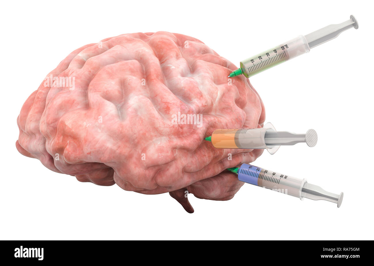 Traitement des maladies du cerveau concept. Le rendu 3D isolé sur fond blanc Banque D'Images