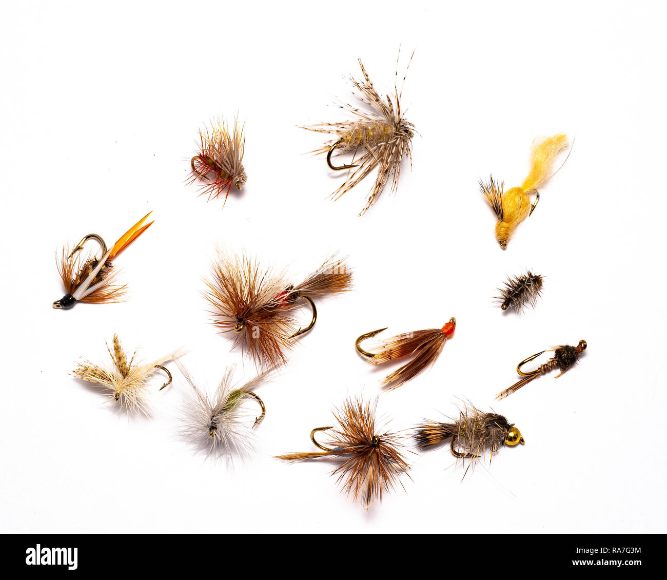 Une sélection d'une douzaine de mouches sèches et humides conçu pour la pêche de mouche pour la truite. Banque D'Images