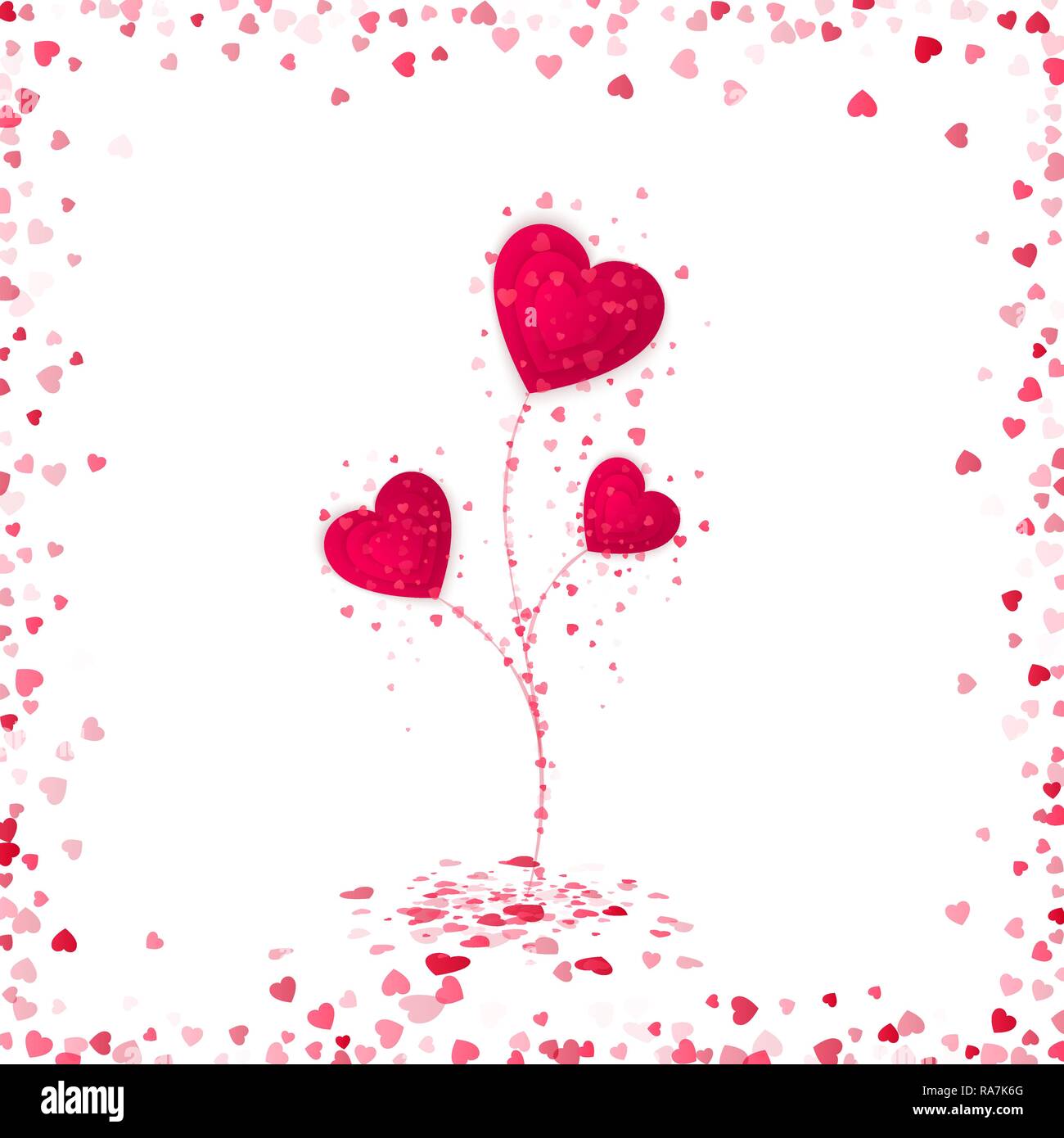Fleur de papier rouge coeurs. Cadre romantique coeurs dispersés. Carte de Saint-Valentin sur fond blanc. Vector illustration Illustration de Vecteur