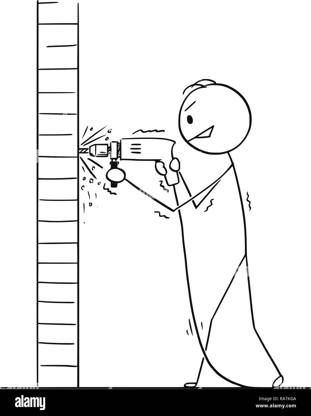 Caricature de l'homme à l'aide d'une perceuse pour créer le trou du mur Illustration de Vecteur