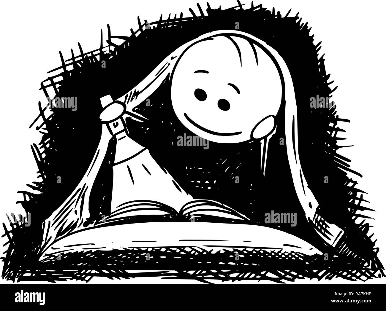 Caricature de l'homme ou garçon lisant un livre avec une lampe de poche au lit sous couverture Illustration de Vecteur