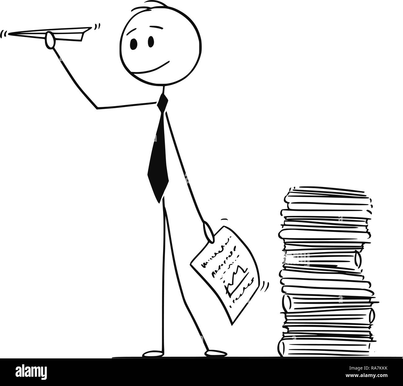 Caricature de Businessman Throwing Paper Airplane fabriqués à partir de documents Office Illustration de Vecteur