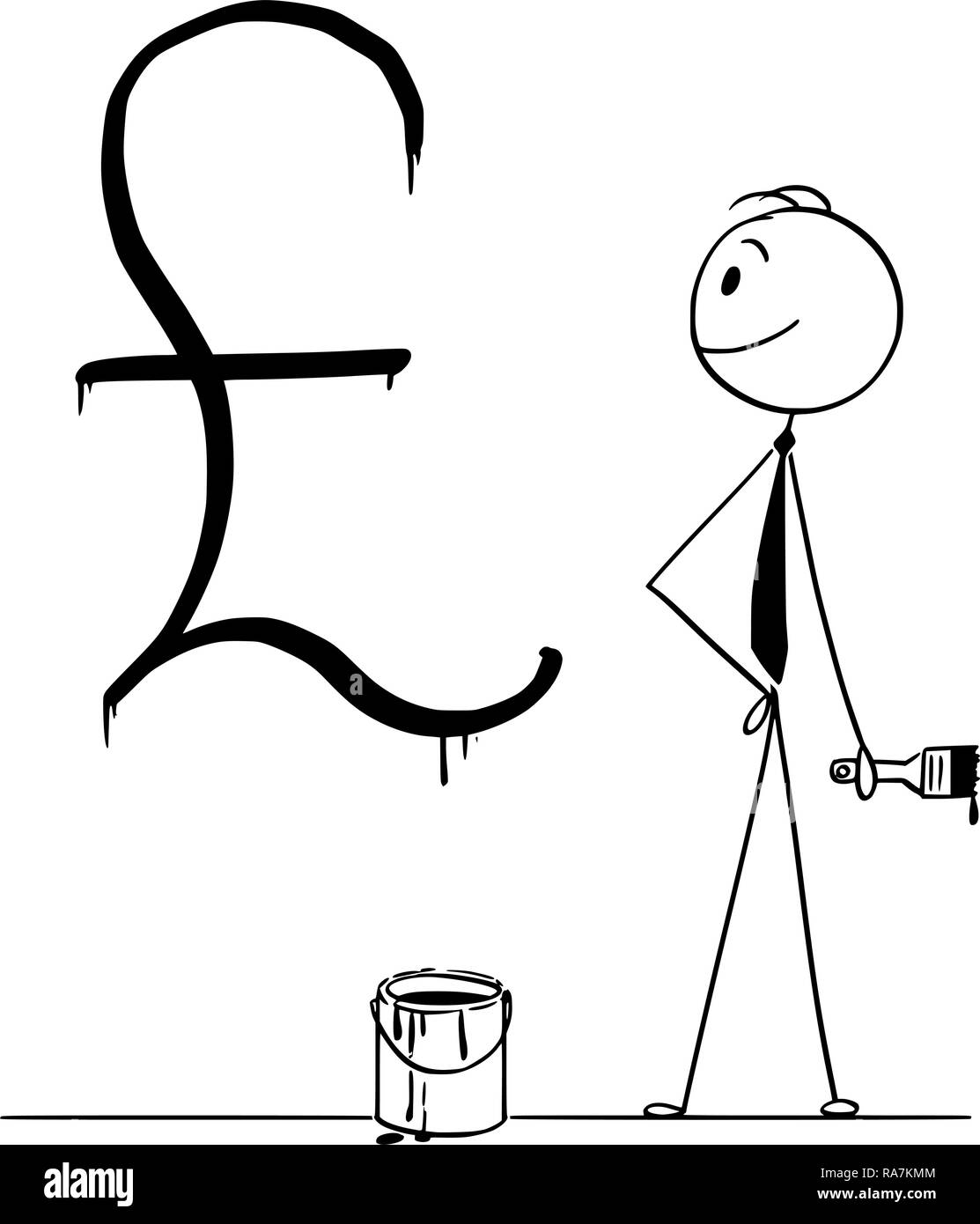 Caricature de Businessman with Paint Can et la brosse et livre sterling symbole peint sur mur Illustration de Vecteur