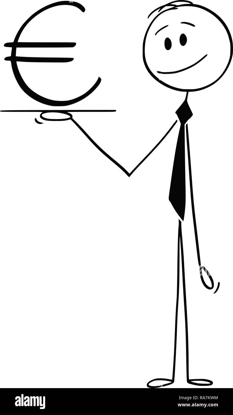 Caricature de serveur ou Businessman Holding Salver ou bac avec symbole monétaire de l'Euro Illustration de Vecteur