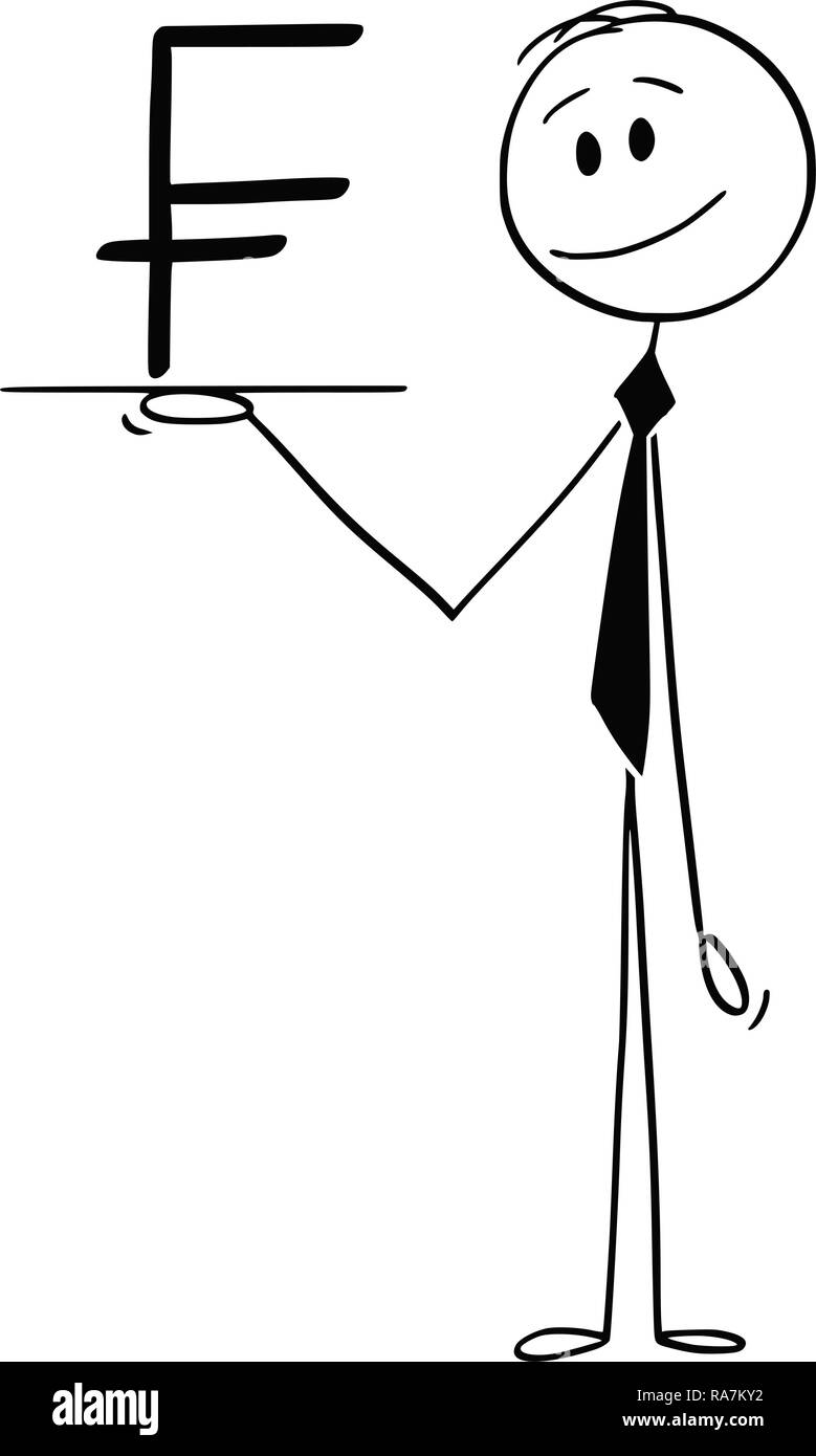 Caricature de serveur ou Businessman Holding Salver ou bac avec Swiss Franc Currency Symbol Illustration de Vecteur