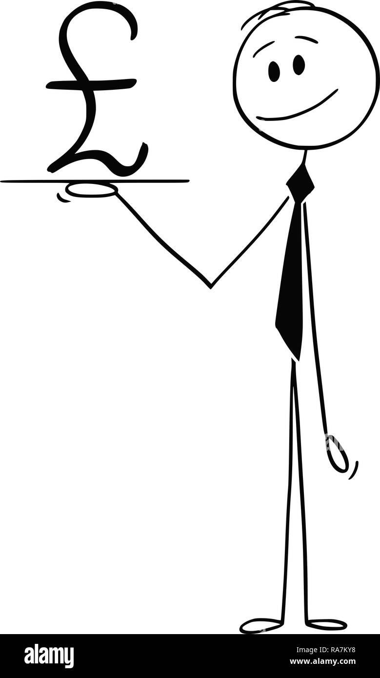 Caricature de serveur ou Businessman Holding Salver ou bac avec symbole de devise livre sterling Illustration de Vecteur