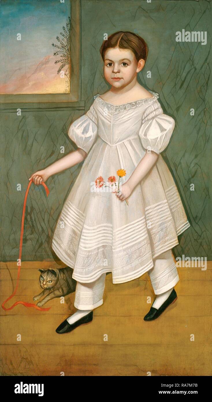 Joseph Goodhue Chandler, fille avec chaton, American, 1813-1884, ch. 1836-1838, huile sur toile. Repensé Banque D'Images