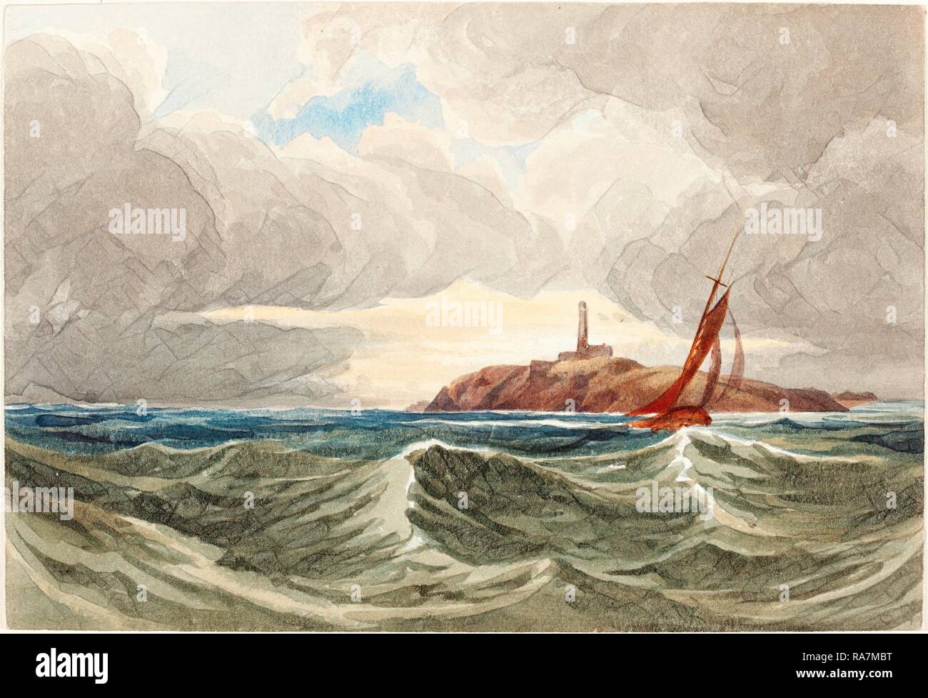 Attribué à James Bulwer ((1794-1879), Paysage marin avec Phare, l'aquarelle. Repensé par Gibon. Classic repensé Banque D'Images
