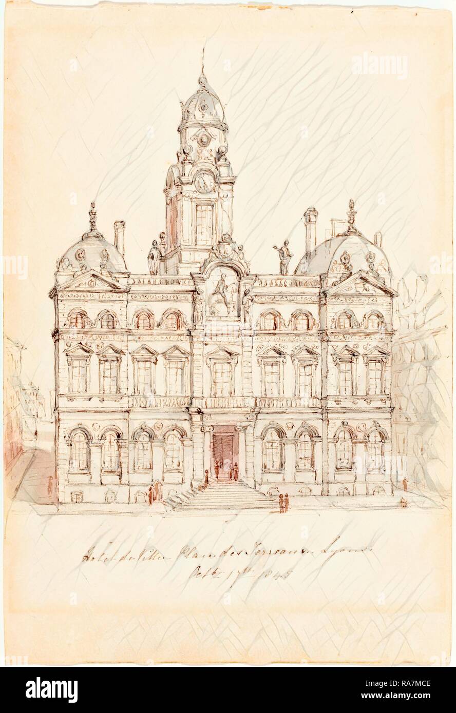 Robert Smirke, britannique (1752-1845), l'Hôtel de Ville, place des Terreaux, Lyon, 1845, plume et encre brune avec lavage gris repensé Banque D'Images