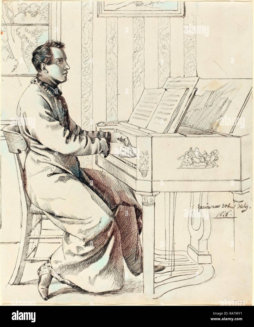 Allemand, Ludwig Emil Grimm (1790-1863), le beau-frère, Ludwig Hassenpflug,  préparer à jouer du piano repensé Photo Stock - Alamy