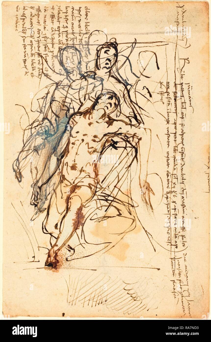 Daniele Crespi, italien (1597-1600-1630), la Pietà, plume et encre brune avec lavis, rehaussée de blanc sur portées repensé Banque D'Images