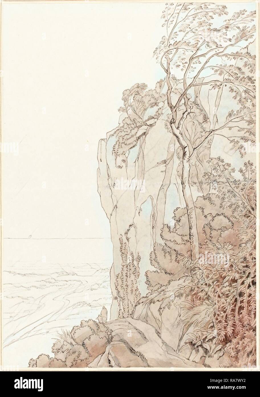 John White Abbott (British, 1763 - 1851), falaises à pic au-dessus d'une route côtière, 1810, plume et encre noire avec lavage gris repensé Banque D'Images