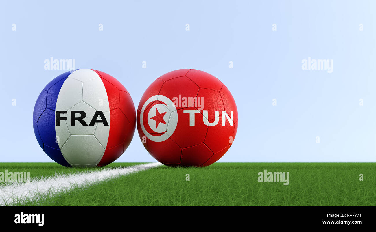 France vs Tunisie Match de football - ballons de foot en France et en  Tunisie couleurs nationales sur un terrain de soccer. Copie de l'espace sur  le côté droit - 3D Renderin