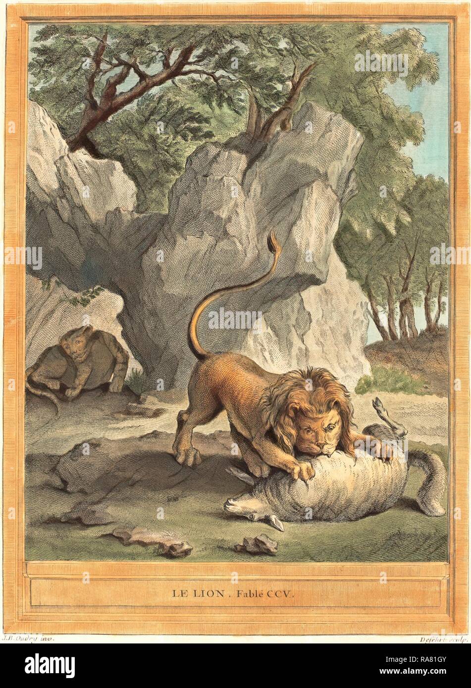 A.J. de Fehrt après Jean Baptiste Oudry (Français, né en 1723 ), le lion (Le Lion), publié 1759, coloriés à la main repensé Banque D'Images