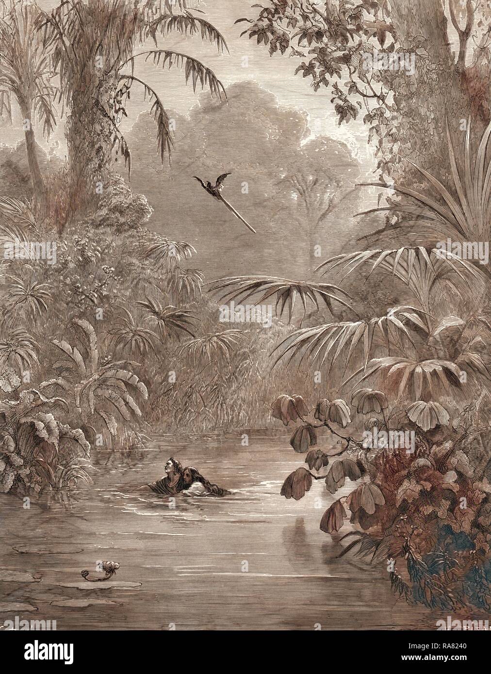 L'Atala et Chactas traversant une rivière, par Gustave Dore, 1832 - 1883, Français. Pour la gravure par Chateaubriand, Atala 1870 repensé Banque D'Images