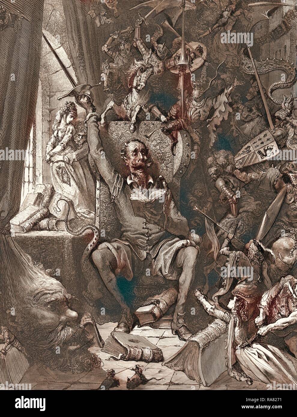 Don Quichotte dans sa bibliothèque, par Gustave Doré, 1832 - 1883, Français. 1870, Art, artiste, romantisme, couleur, couleur repensé Banque D'Images