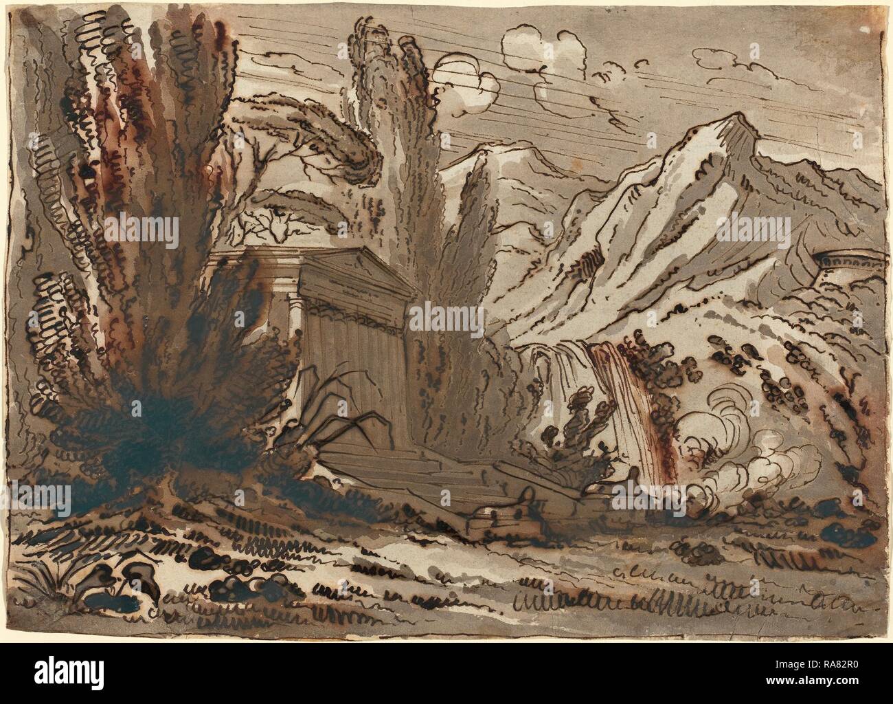 Felice Giani (Italien, 1758 - 1823), Paysage montagneux avec Temple classique, plume et encre brune avec lavis repensé Banque D'Images