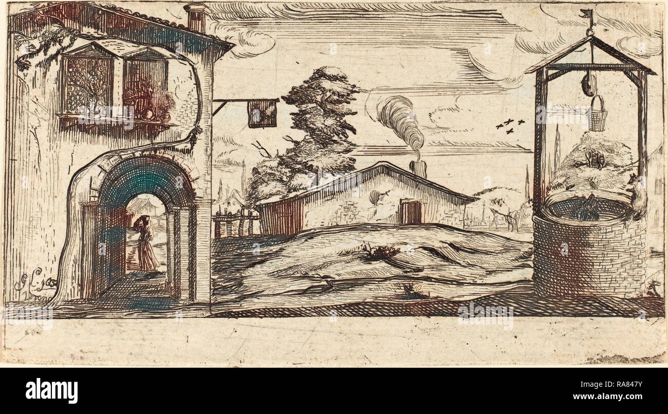 Après Jacques Callot, paysage avec un puits, eau-forte. Repensé par Gibon. L'art classique avec une touche moderne repensé Banque D'Images