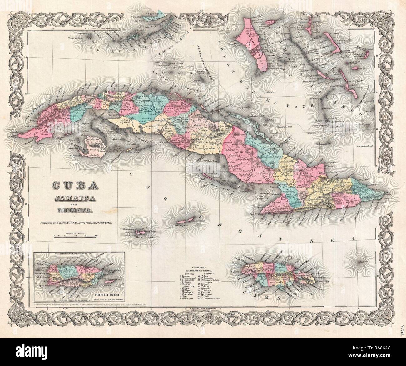 En 1855, Colton Carte de Cuba, la Jamaïque et Porto Rico. Repensé par Gibon. L'art classique avec une touche moderne repensé Banque D'Images