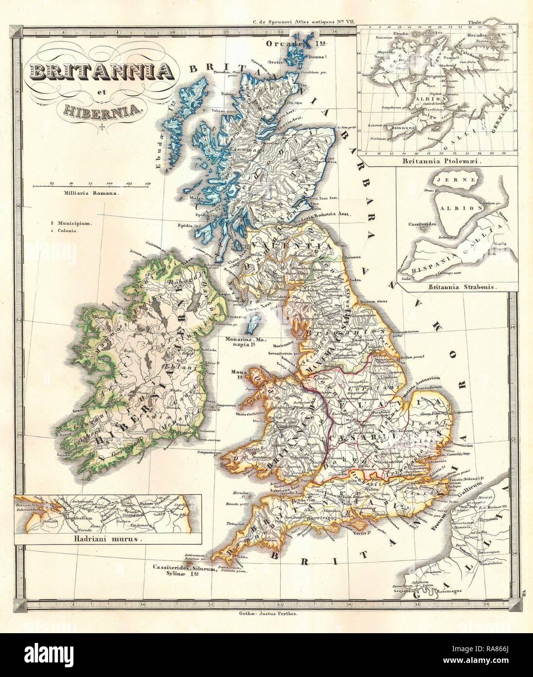 1855, Spruneri Carte des îles Britanniques, Britannia et d'Hibernia, dans les temps anciens. Repensé par Gibon. L'art classique repensé Banque D'Images