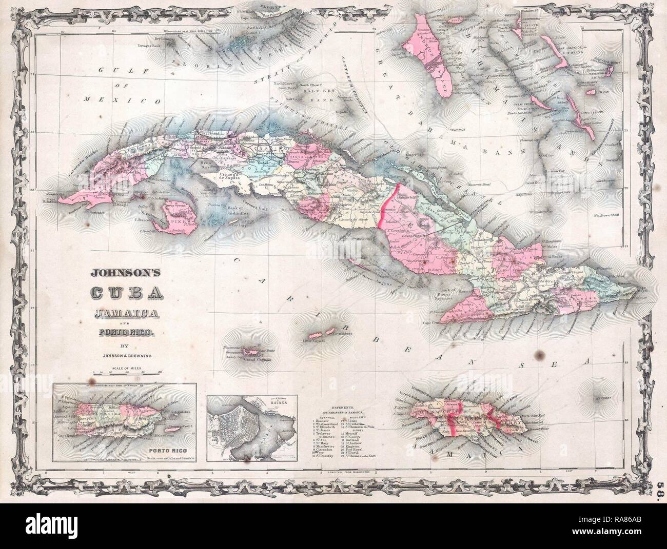 1861, Johnson's Carte de Cuba, la Jamaïque et Porto Rico. Repensé par Gibon. L'art classique avec une touche moderne repensé Banque D'Images