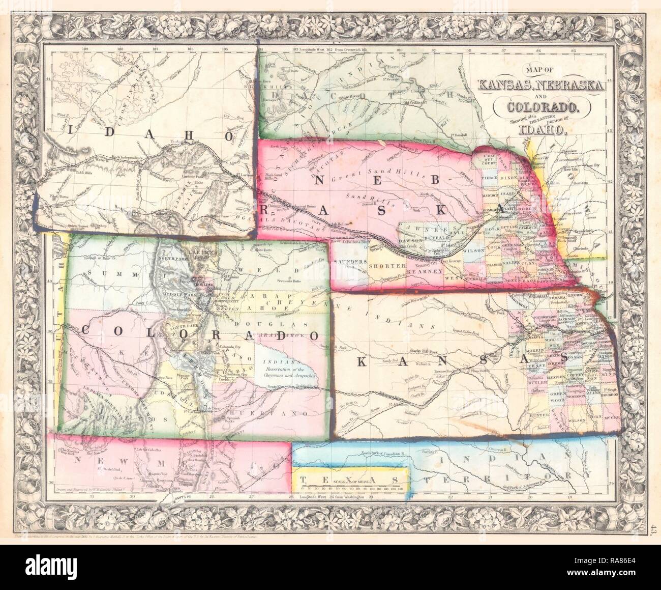 Old Vintage Map County /& Township of Kansas and Nebraska Mitchell 1874