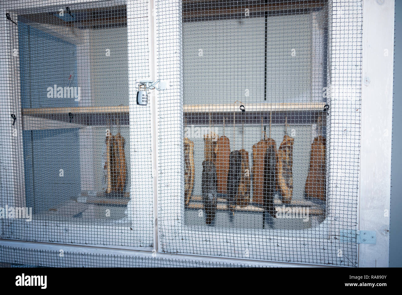 Viande séchée de l'air dans un hôtel à Kirkenes, Norvège. Banque D'Images