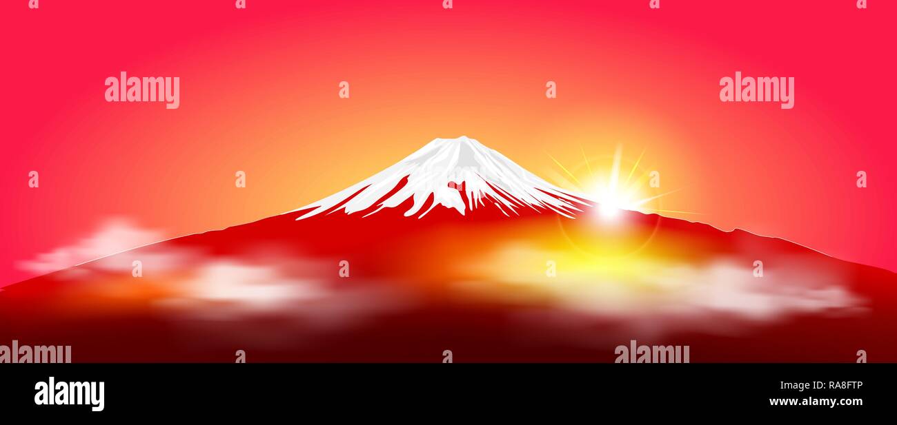 Silhouette Fuji mountain au lever du soleil. Fuji contre le ciel rouge et le soleil levant. Paysage, le Mont Fuji. Le Mont Fuji sur fond rouge. Illustration de Vecteur