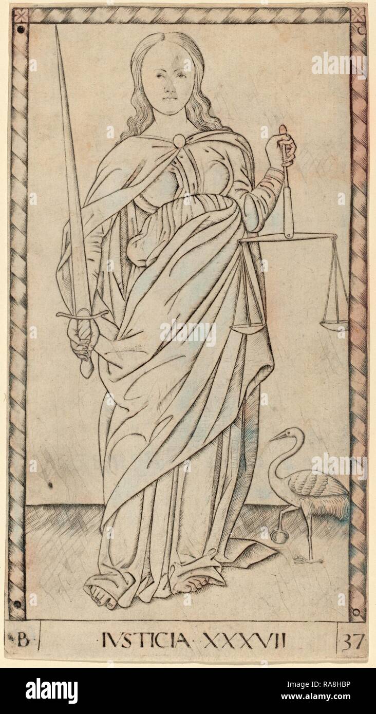 Maître de l'E-Series Tarocchi (Italien, actif c. 1465), Justicia (la justice), ch. 1465, gravure. Repensé Banque D'Images