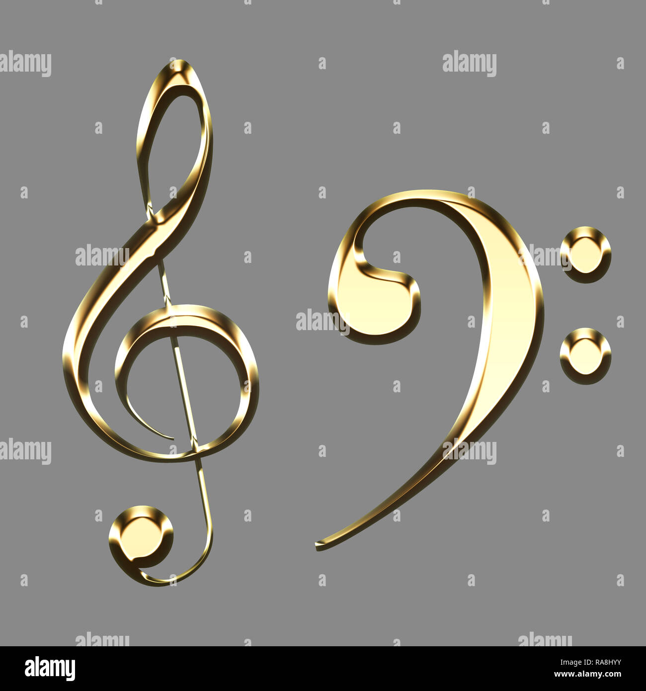 Clef d'or et de signes de fa illustration sur fond gris - sol - les symboles musicaux Banque D'Images