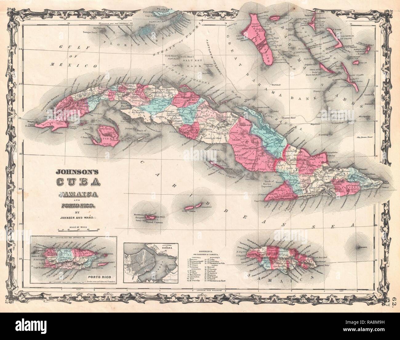 1862, Johnson Carte de Cuba et Porto Rico. Repensé par Gibon. L'art classique avec une touche moderne repensé Banque D'Images