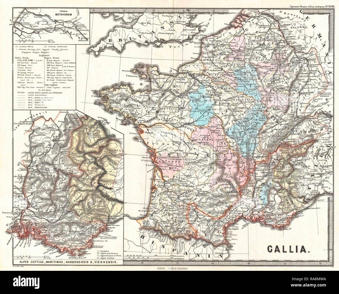 Spruner, 1865 Carte de France ou Gallia à l'époque romaine. Repensé par Gibon. L'art classique avec une touche moderne repensé Banque D'Images