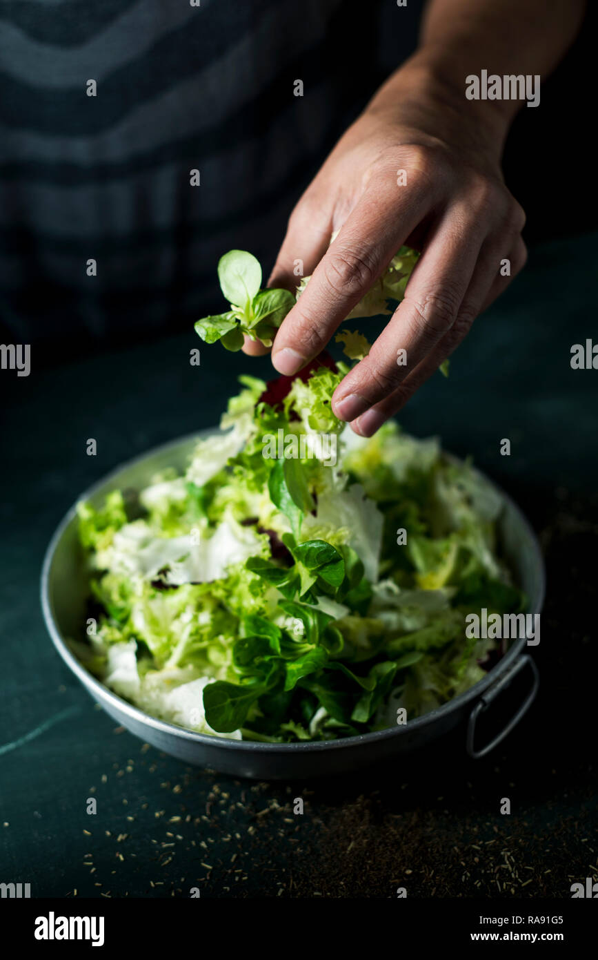 Libre d'un jeune couple sur le point de préparer une salade avec un mélange de différentes salades, comme la laitue romaine, l'endive ou de roquette, dans un cadre rustique m Banque D'Images