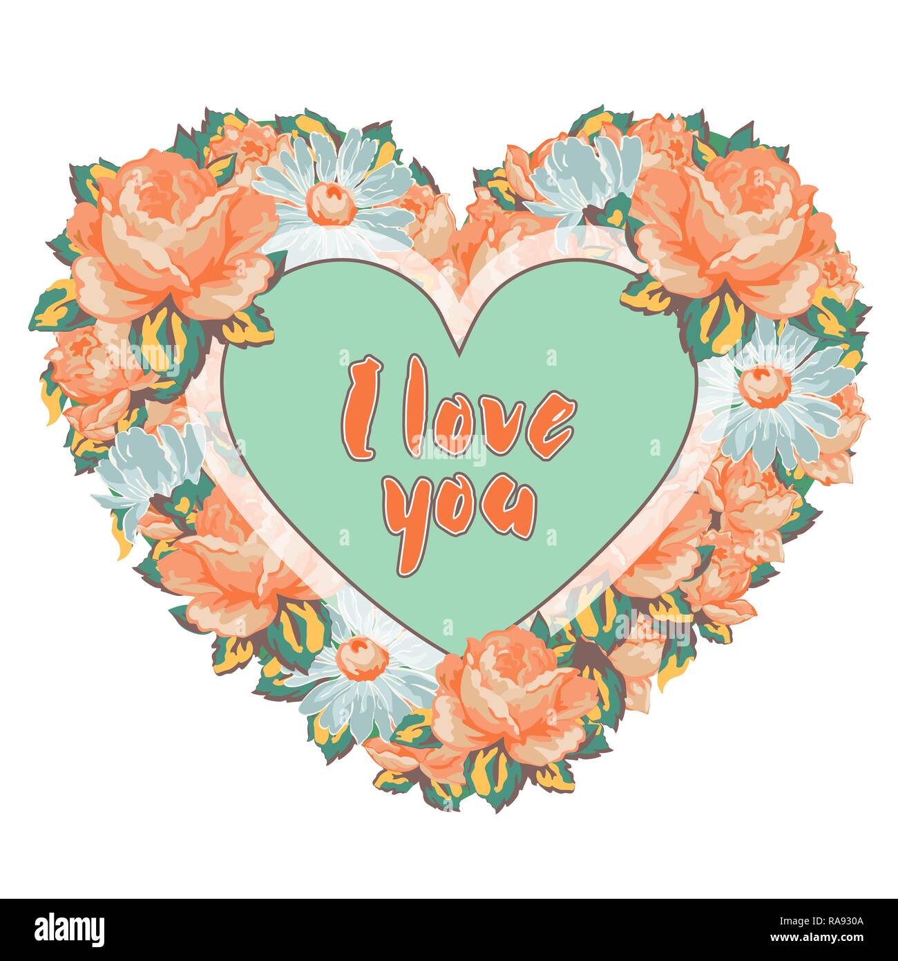 Gerbe De Fleurs Roses Et Marguerites Colorees En Forme De Coeur Avec Une Inscription Je Vous Aime Isole Sur Fond Blanc Dessin A La Main Vector Je Image Vectorielle Stock Alamy