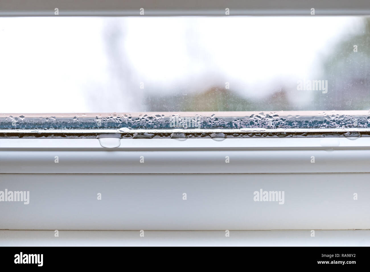 Gros plan sur le verre de la condensation des fenêtres en PVC double vitrage Banque D'Images