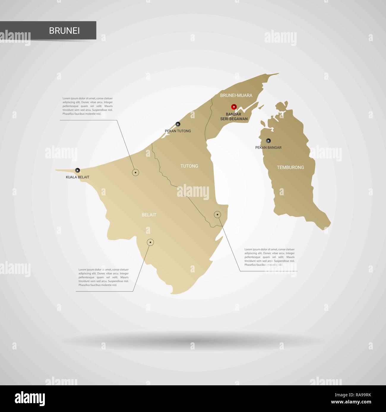 Vecteur stylisé Brunei carte. L'infographie 3d gold site illustration avec les villes, les frontières, les capitaux, les divisions administratives et de l'aiguille, les marques de l'ombre ; g Illustration de Vecteur