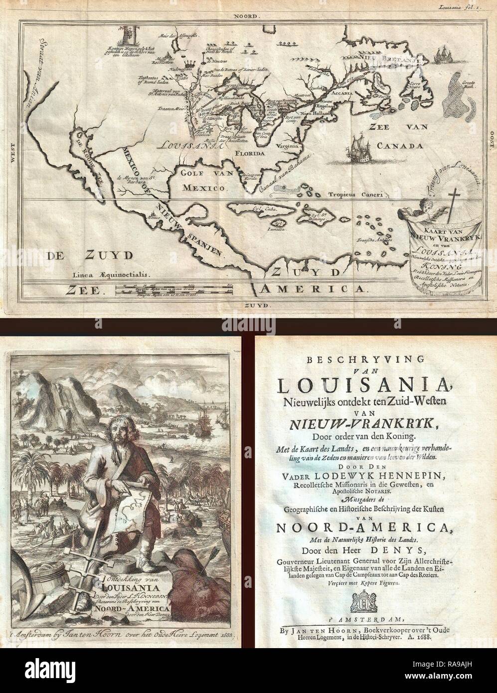 1688, premier livre de Hennepin et carte de l'Amérique du Nord, première carte imprimée au nom de la Louisiane. Repensé par Gibon. Classic repensé Banque D'Images