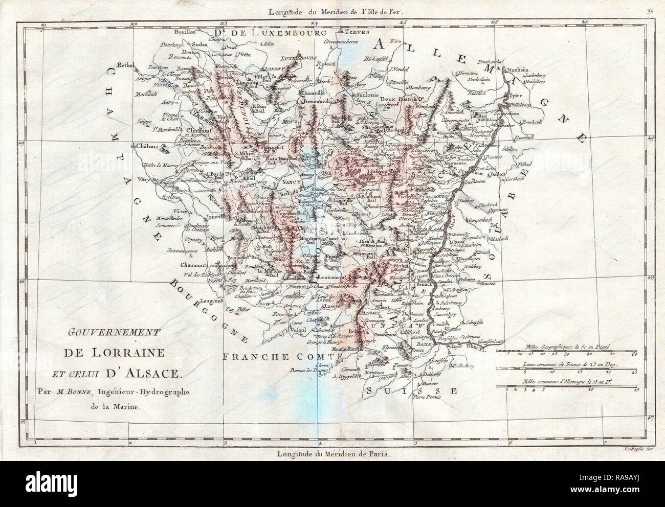 1780, Bonne carte de l'Alsace et de Lorainne, France, Rigobert Bonne 1727 - 1794, l'un des plus importants cartographes repensé Banque D'Images