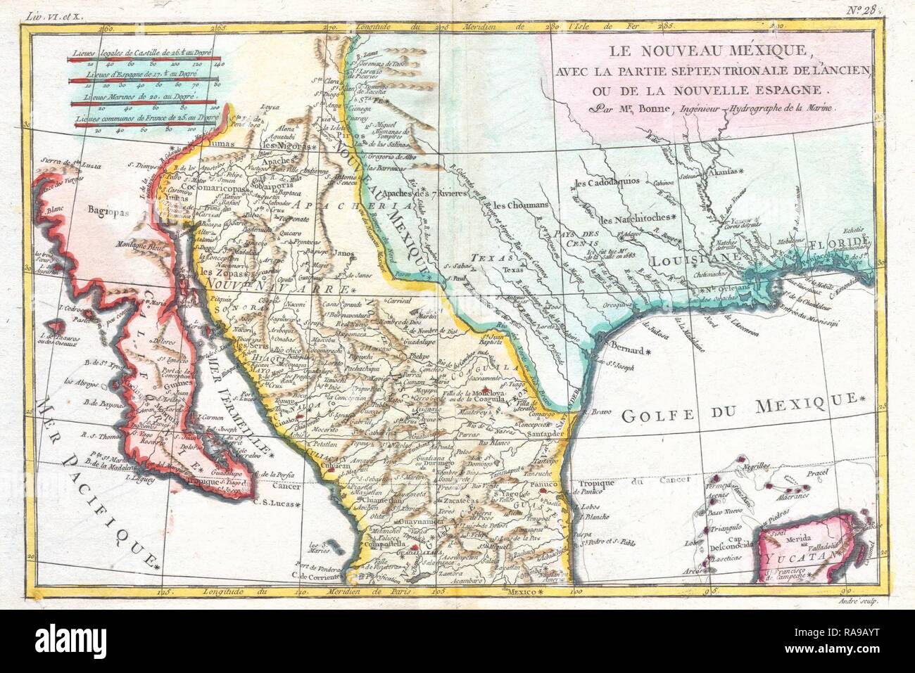 1780, Bonne carte de Texas, en Louisiane et au Nouveau Mexique, Rigobert Bonne 1727 - 1794, l'un des plus importants repensé Banque D'Images