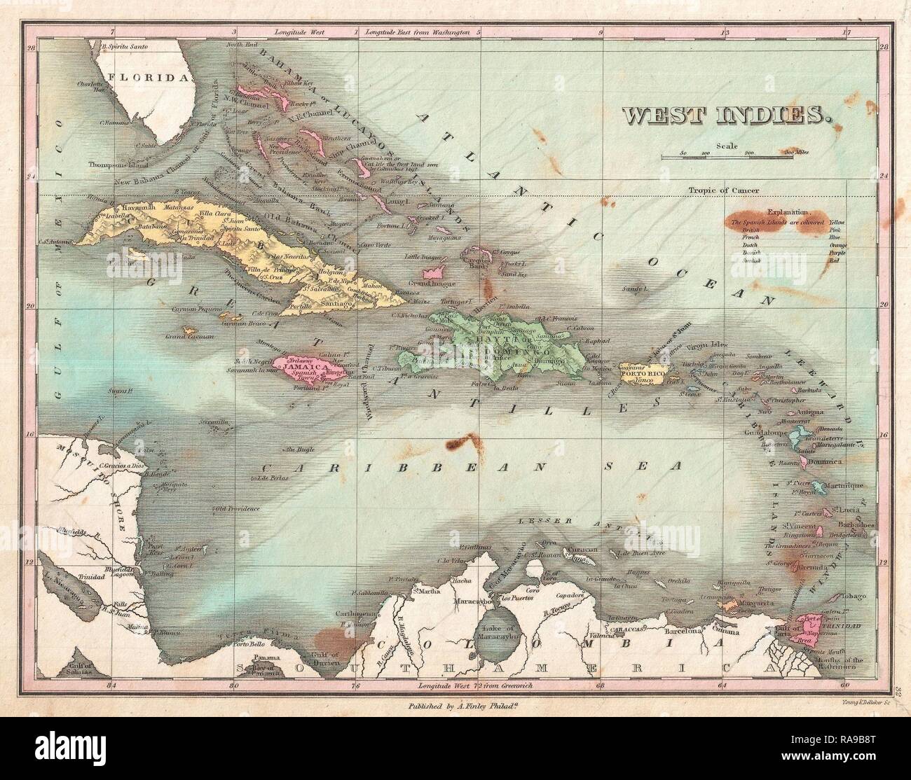 1827, Finley Site des Antilles, Caraïbes, Antilles, et Anthony Finley cartographe de l'Organisation des États de la repensé Banque D'Images