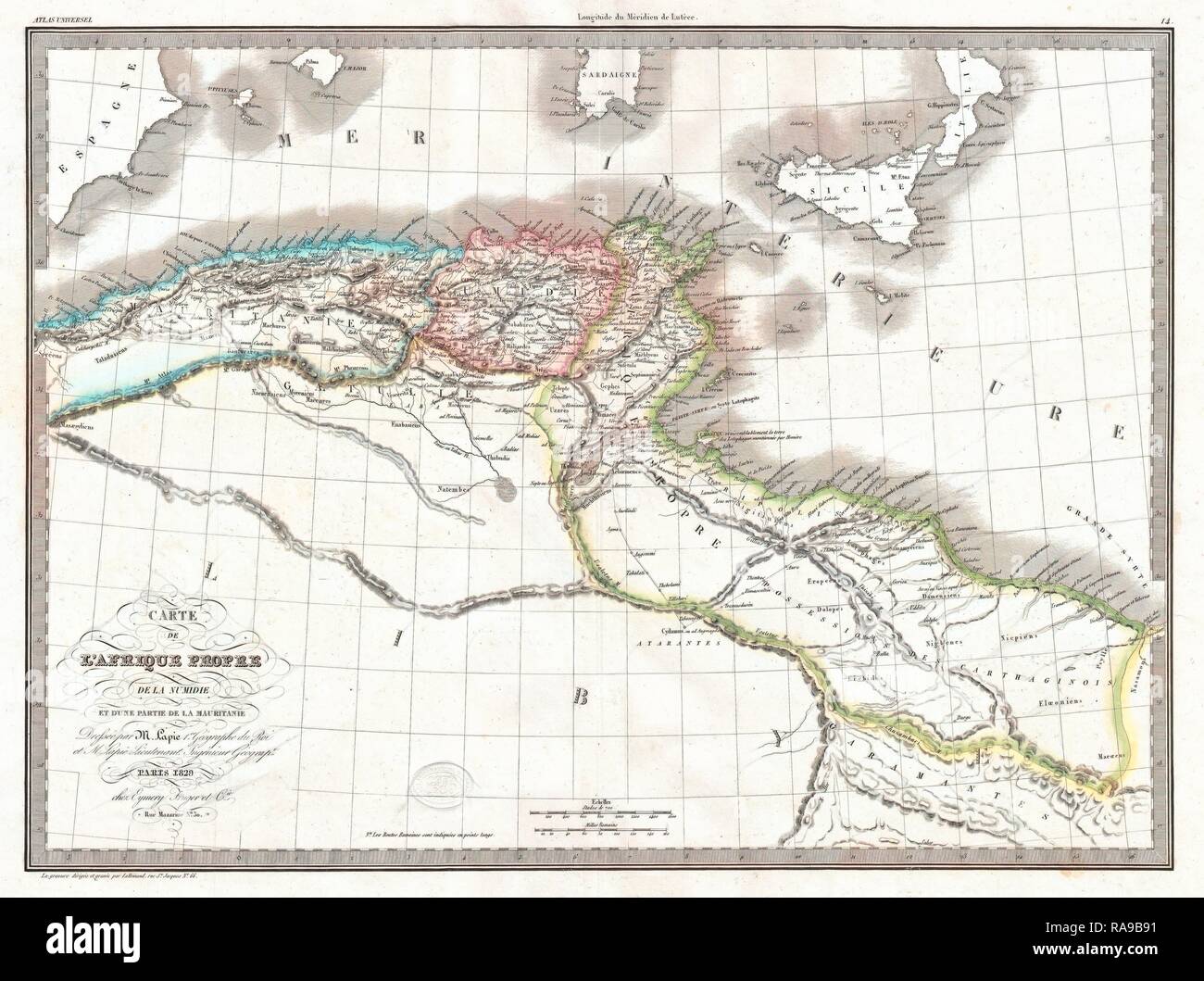 Lapie, 1829 Carte historique de l'Empire de Carthage, Tunisie moderne . Repensé par Gibon. L'art classique avec un style moderne repensé Banque D'Images