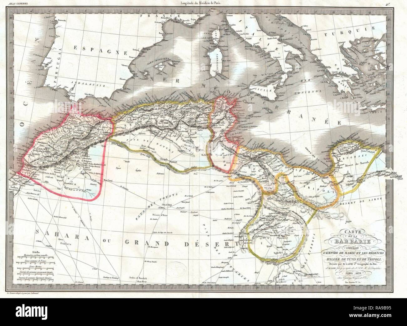 Lapie, 1829 Carte de la Méditerranée orientale, le Maroc et la côte des Barbaresques. Repensé par Gibon. L'art classique avec un repensé Banque D'Images