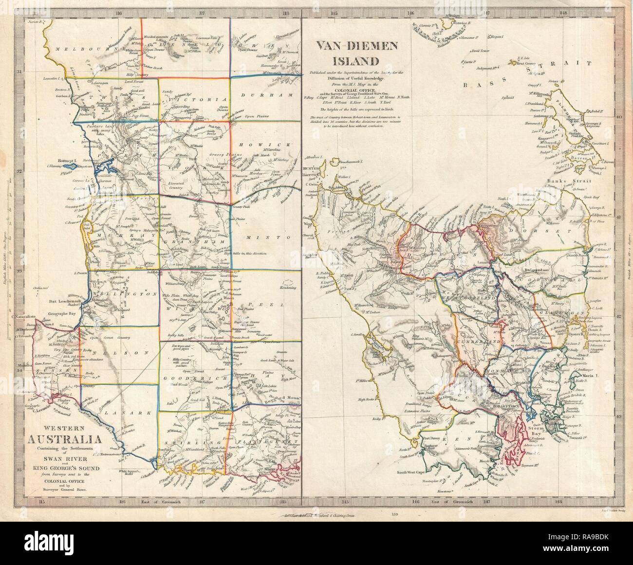 1849, S.D.U.K. Carte de la Tasmanie ou Van Diemen's Land et l'ouest de l'Australie. Repensé par Gibon. L'art classique avec un repensé Banque D'Images