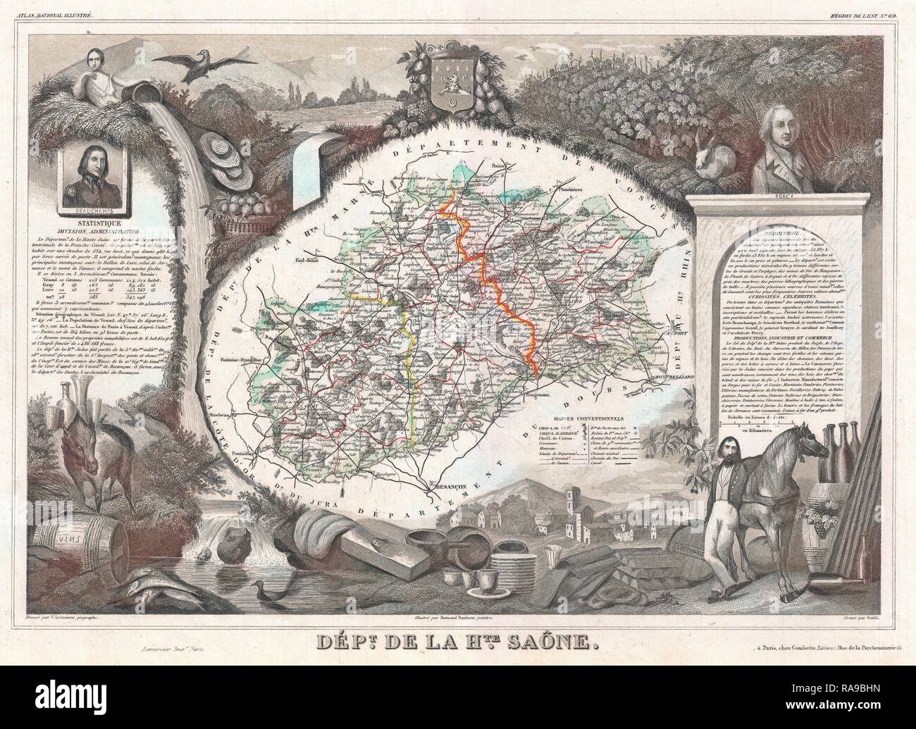 1852, Levasseur Plan du Département de la Haute Saône, France, Bourgogne ou Bourgogne Région viticole. Repensé Banque D'Images