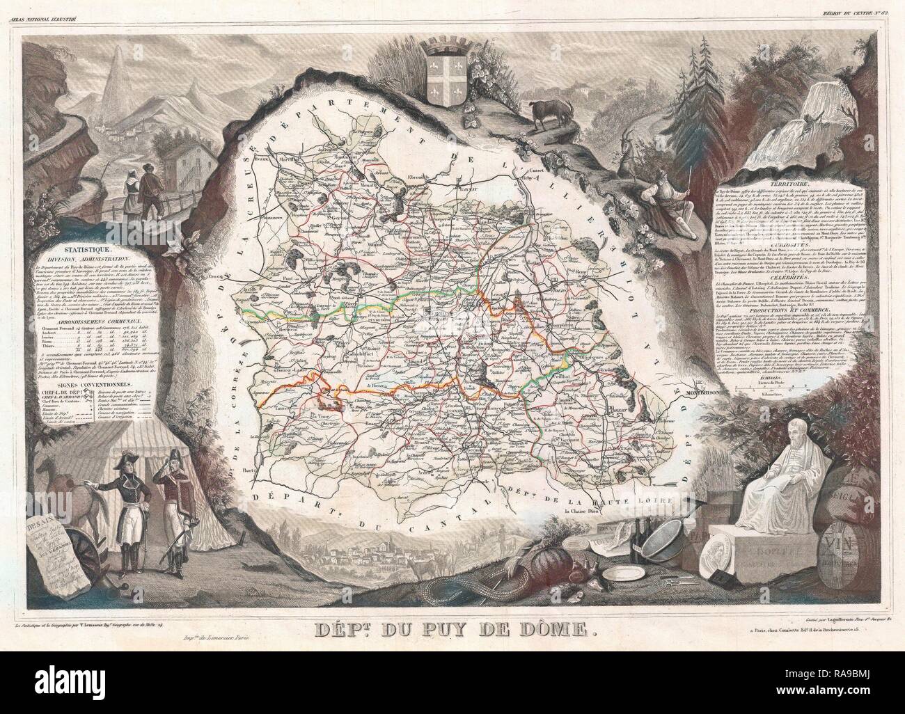 1852, Levasseur Plan du département du Puy de Dôme, France. Repensé par Gibon. L'art classique avec une touche moderne repensé Banque D'Images